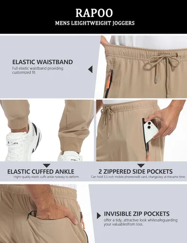 Miniatura 5 de Rapoo Pantalones deportivos ligeros para hombre, de secado rápido, pantalones deportivos con 3 bolsillos con cremallera