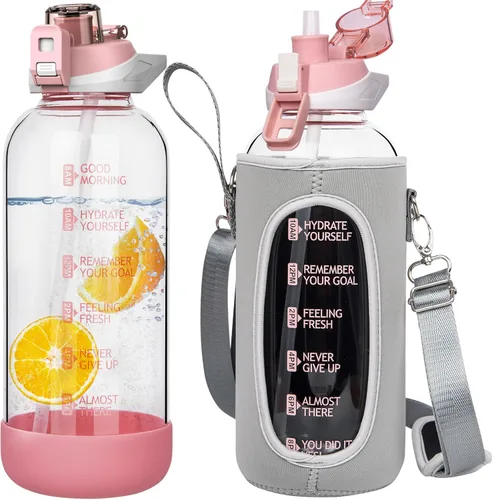 Miniatura 25 de Botella de agua deportiva de vidrio de 32 onzas con popote y marcador de tiempo, botella de vidrio motivacional reutilizable grande para agua Rosa
