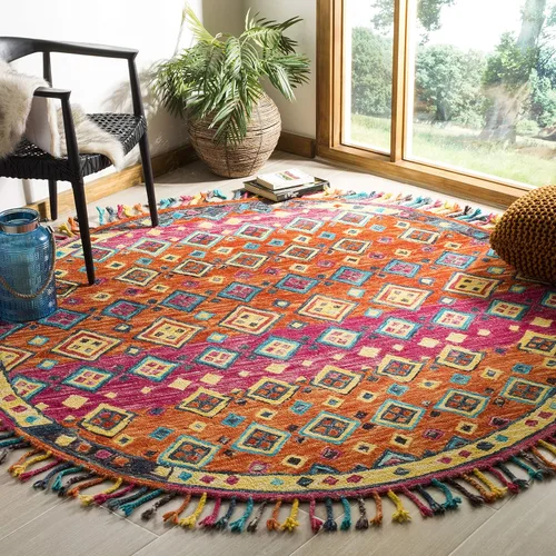 Miniatura 8 de SAFAVIEH Aspen Collection - Alfombra cuadrada de 3 pies, naranja y fucsia, hecha a mano, lana trenzada con borlas, ideal para zonas de alto tráfico