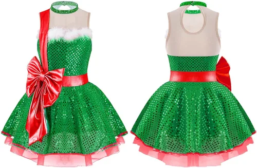 Miniatura 3 de TiaoBug Vestido de baile de Navidad con lentejuelas brillantes para niños y niñas, disfraz de Papá Noel, vestido de tutú de ballet, vestido