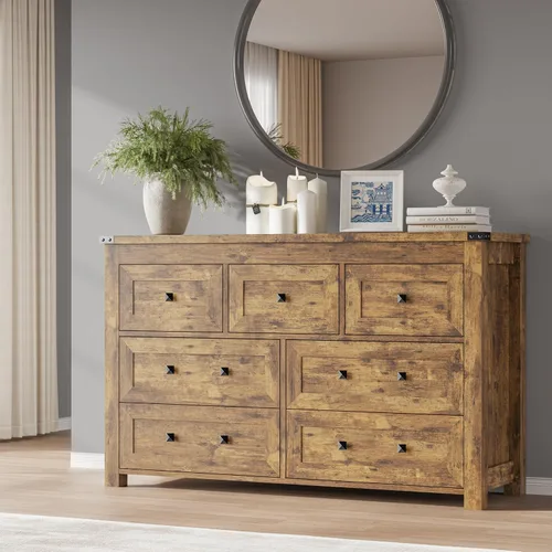 Miniatura 32 de BORNOON Cómoda de 9 cajones, moderna cómoda de almacenamiento de madera, soporte de TV, organizador de cajones de madera con asas de metal