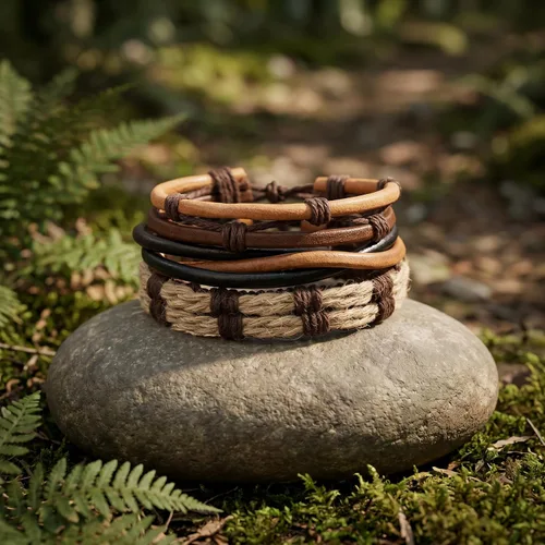 Miniatura 6 de Goufaju 3 pulseras de cuero vintage para hombres y mujeres, ajustables, pulseras de cuero trenzadas multicapa de cuero marrón