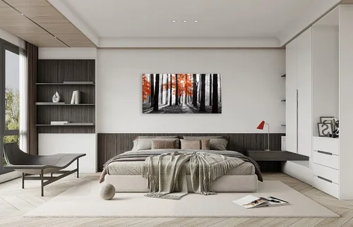 Miniatura 4 de Cao Gen Decor Art S06675 - Lienzo decorativo para pared, diseño de árbol rojo en blanco y negro, sol bosque brumoso, imagen póster impresión