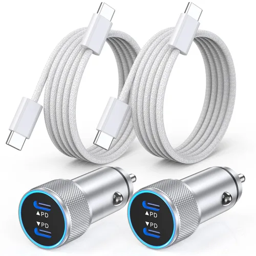 Cargador de coche para iPhone 17, paquete de 2 cargadores de coche USB C de doble puerto, adaptador de carga rápida tipo C con 2 cables trenzados de