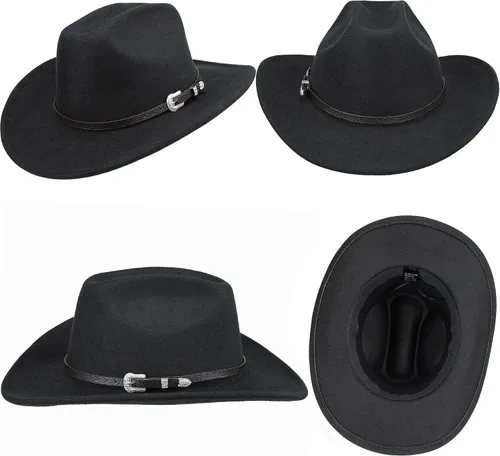 Miniatura 17 de Sombrero de vaquero clásico de fieltro occidental para mujeres y hombres de ala ancha con hebilla de cinturón (tamaño: mediano-grande)