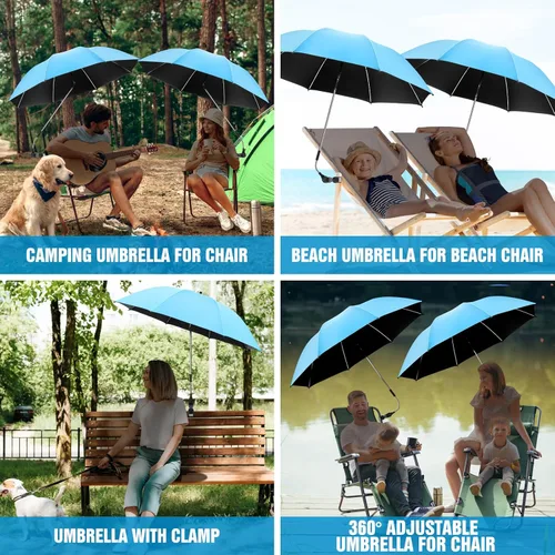 Miniatura 5 de Paquete de 2 paraguas de playa con abrazadera, paraguas ajustable de 360° para silla, paraguas UPF50+ para silla de playa, silla de patio, silla
