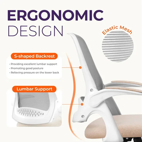 Miniatura 3 de NEO CHAIR Silla de escritorio para oficina, computadora, gaming, ergonómica con soporte lumbar, altura ajustable, ruedas giratorias, brazos Beige