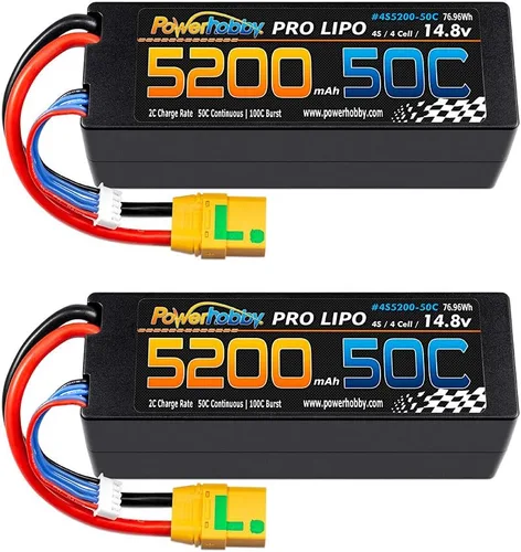 Powerhobby 4S 14.8V 5200mAh 50C-100C Lipo - Carcasa rígida para batería de 4 celdas con enchufe XT90 (paquete de 2) se adapta a: Arrma Kraton Typhon