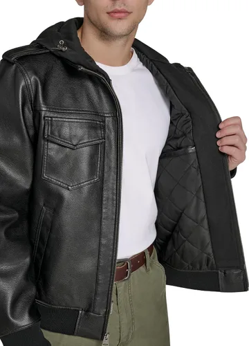 Miniatura 7 de Levi's Men's Faux Leather Aviator Bomber Jacket With Jersey Bib and Hood