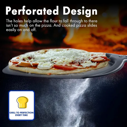 Miniatura 3 de Paleta de pizza profesional de aluminio, perforada de 12 pulgadas, grado de restaurante, mango largo, antiadherente, cáscara de pizza de metal