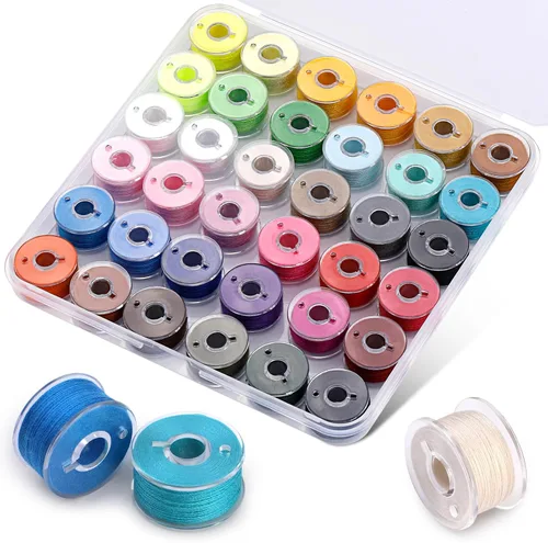 LOKUNN 36 bobinas e hilos de coser preenrollados con estuche de bobina para múltiples máquinas de coser, tamaño estándar y colores surtidos