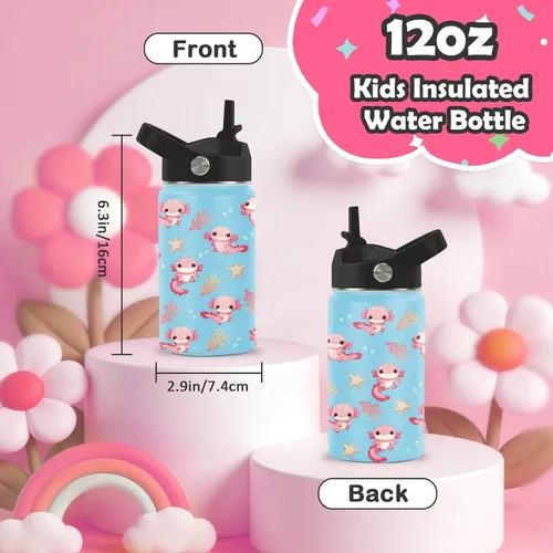 Miniatura 3 de Axolotl - Botella de agua de 12 onzas con tapa con pajilla, botella de agua de acero inoxidable con diseño de ajolotes para niñas, taza aislada