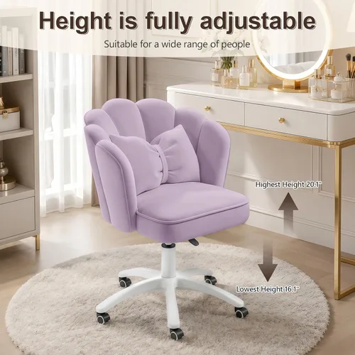 Miniatura 4 de Silla de tocador con ruedas Silla de escritorio de terciopelo con pétalos Silla de oficina en casa copetada tapizada para mujeres y niñas, Silla