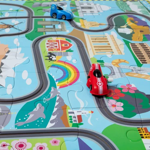 Miniatura 10 de Melissa & Doug Race Around The World Tracks - Rompecabezas de suelo de cartón y vehículos de cuerda (48 piezas) para preescolares y niños de 4+ años
