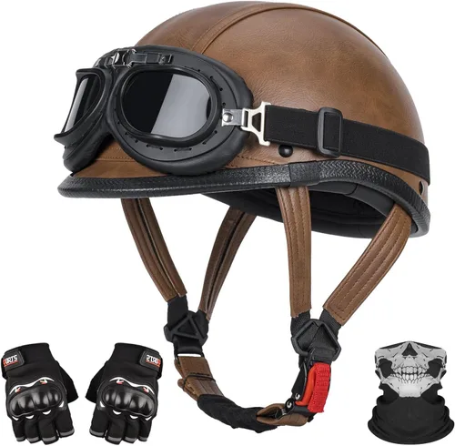 Miniatura 9 de Casco de motocicleta de cuero hecho a mano, casco retro de media cara para adultos, hombres y mujeres, casco ligero abierto 1/2 vintage