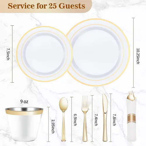 Miniatura 4 de BESTVIP Juego de vajilla de plástico dorado de 175 piezas, platos de fiesta desechables para 25 invitados, incluye: 50 platos de plástico, 25