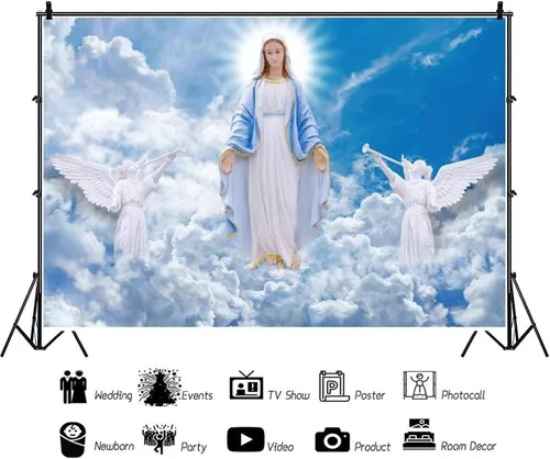 Miniatura 3 de Telón de fondo de poliéster de 6 x 4 pies, Dios bendiga a la Virgen María y Ángel, para el cielo, la primera comunión, bautismo, Pascua, fondo