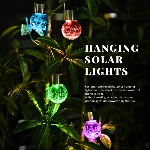 Miniatura 8 de Solpex Luces solares colgantes al aire libre, paquete de 8 luces decorativas de bola de vidrio agrietado, iluminación solar impermeable, luces