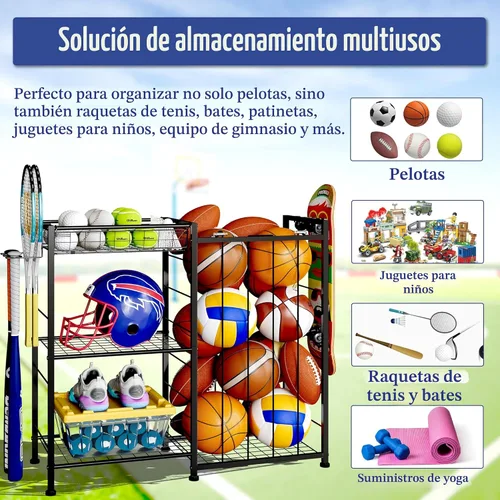 Miniatura 7 de Organizador de equipo deportivo, estante de almacenamiento de pelotas con correas elásticas y canasta removible para organización de garaje