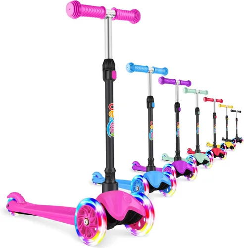 BELEEV Patinete A1 para niños de 2 a 6 años, patinete de 3 ruedas para niños pequeños, niñas y niños, ruedas que se iluminan, altura ajustable, Rosa