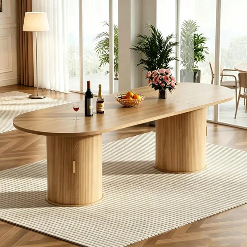 63"-94" Wood Extendable Dining Room Table for 6-8-10 People,Oval Expandable Kitchen Table with Fluted Cabinet Base,Modern Farmhouse Dining Tables
