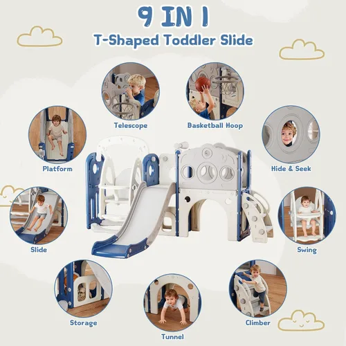 Miniatura 3 de GITAWUSA Juego de tobogán y columpio 9 en 1 para niños pequeños de 1 a 3 años, para interiores y exteriores, con aro de baloncesto, telescopio