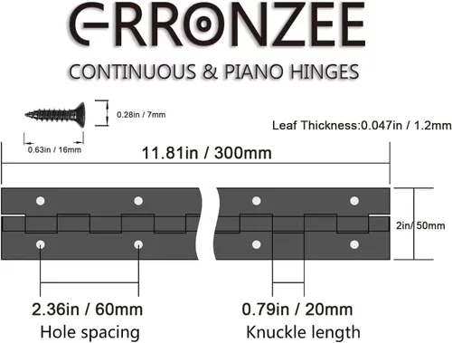 Miniatura 3 de Bisagras de piano negro de 12 x 2 pulgadas de ancho abierto, bisagra continua de acero inoxidable resistente para gabinete, puerta, cajas de madera