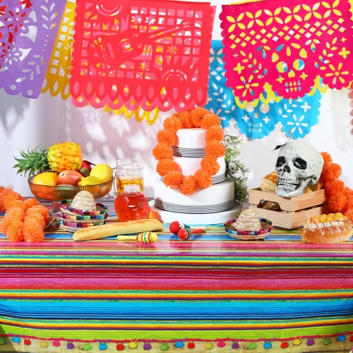 Miniatura 5 de Preboun Mantel de plástico mexicano y pancarta de papel picado mexicano, suministros de decoración de fiesta, mantel para mesas rectangulares, Fresco