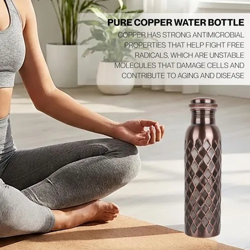 Miniatura 7 de Botella de agua de cobre real de 34 onzas, extra grande, botella de cobre puro para agua potable, botella ayurvédica de diamante antiguo, tapa a