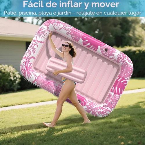 Miniatura 8 de Flotador inflable de bronceado para piscina con lona de protección, flotadores de piscina de 85 x 57 pulgadas para adultos con almohada, flotador