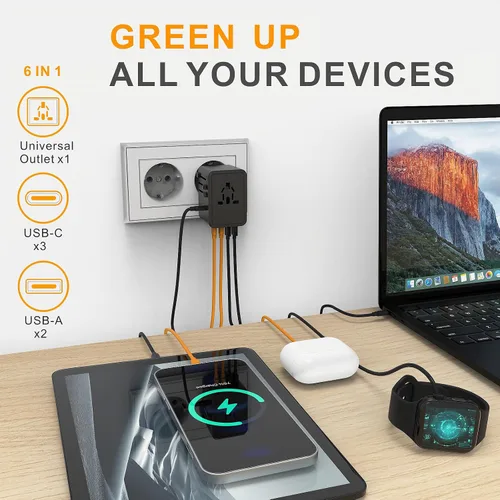 Miniatura 3 de Adaptador de viaje universal en todo el mundo: adaptador de enchufe de viaje europeo de carga rápida de 35 W GaN III/PD con 3 puertos USB-C y 2