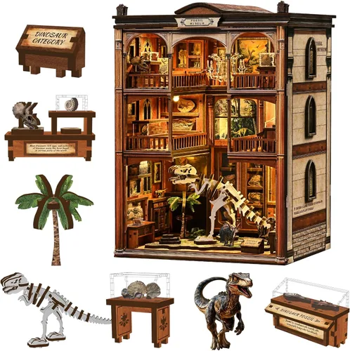 Miniatura 8 de Rompecabezas de madera 3D para adultos, casa de muñecas en miniatura, kit de rincón de libros, kit de modelo LED integrado, regalos para adultos