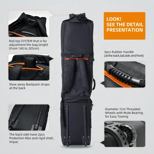 Miniatura 4 de XCMAN Bolsa de snowboard con ruedas, longitud ajustable, extra larga/ancha/profunda, impermeable, con varillas de protección 140L