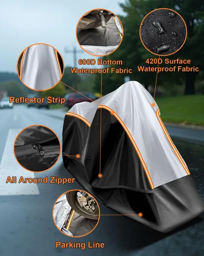 Miniatura 8 de Funda para motocicleta totalmente cerrada, impermeable, para almacenamiento en interiores y exteriores, resistente con tiras reflectantes, se adapta