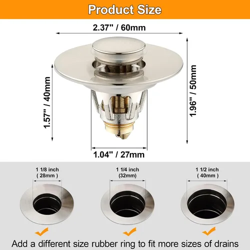 Miniatura 4 de Tapón de drenaje para fregadero de baño para orificios de drenaje estándar de 1.1 a 1.5 pulgadas, tapones de fregadero emergentes, filtro de drenaje