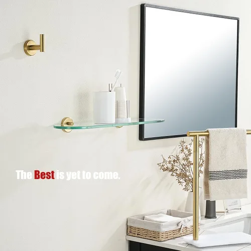 Miniatura 4 de JQK Estante de vidrio para baño dorado, almacenamiento de ducha de vidrio templado de 20 por 5 pulgadas, montaje de pared dorado cepillado de acero