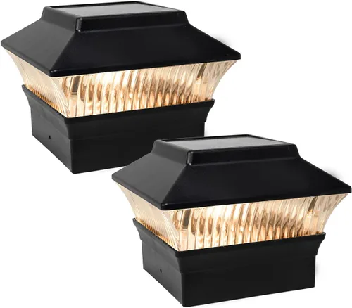 Luces solares para tapa de poste (paquete de 2) – LED blanco cálido de 25 lúmenes, se adapta a 3.5 x 3.5 pulgadas y 4 x 4 pulgadas de madera/vinilo