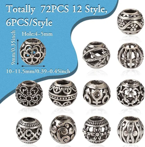 Miniatura 6 de 66 cuentas europeas tibetanas de plata antigua, cuentas de agujero grande, cuentas huecas de aleación hueca, espaciadores de metal, cuentas