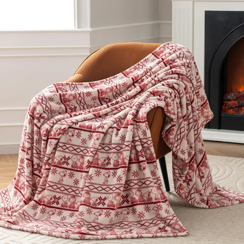 Miniatura 7 de Berkshire Peanuts® VelvetLoft® - Manta de felpa de Snoopy con bonito personaje, acogedora manta Fairisle Crimson Neutral, manta de 55 x 70 pulgadas
