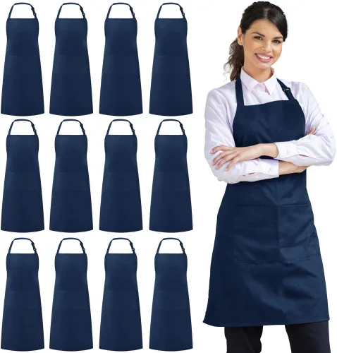 Miniatura 10 de Syntus Paquete de 12 delantales con peto, delantales unisex, ajustables, resistentes a las gotas de agua, con 2 bolsillos, delantal de cocina