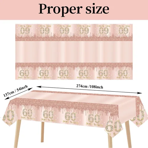 Miniatura 2 de Excelloon Paquete de 3 manteles para mesa de cumpleaños de 60 años, color rosa dorado y rosa, suministros para fiestas, mantel rectangular