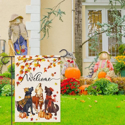 Miniatura 3 de Balgardekor Bandera de jardín de perros de otoño de bienvenida para exteriores, banderas de jardín de Acción de Gracias, 12 x 18 pulgadas
