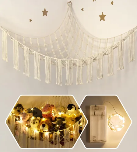 RelaxScene Hamaca esquinera de animales de peluche con luz LED, hamaca de almacenamiento de juguetes, red de peluche grande, organizador colgante