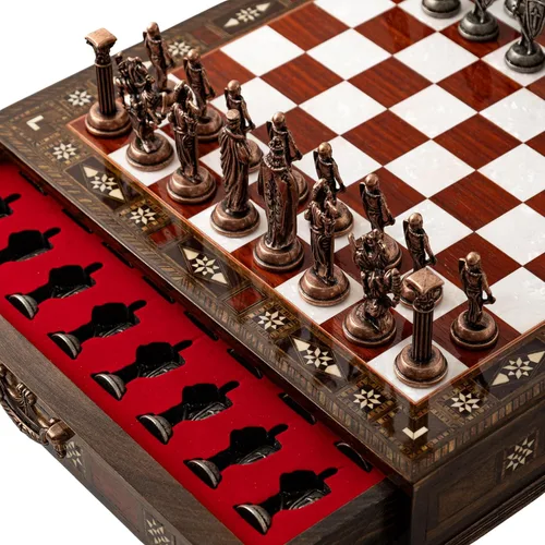 Juego de ajedrez de madera de lujo con piezas metálicas del ejército británico, tablero de ajedrez de nogal hecho a mano con almacenamiento, regalo
