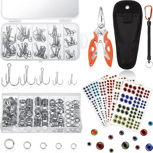 Miniatura 8 de Skylety 200 anillos divididos de acero inoxidable para pesca, 50 ganchos agudos, conector de aparejos de señuelo, alicates de pesca, cordón de Azul
