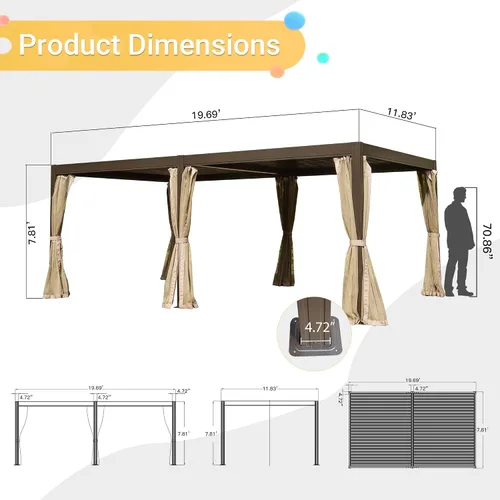 Miniatura 8 de Domi - Pérgola para exteriores de 12 x 20 pies, pérgola de aluminio con techo ajustable y mosquitera para patio, patio, terraza, jardín, color marrón