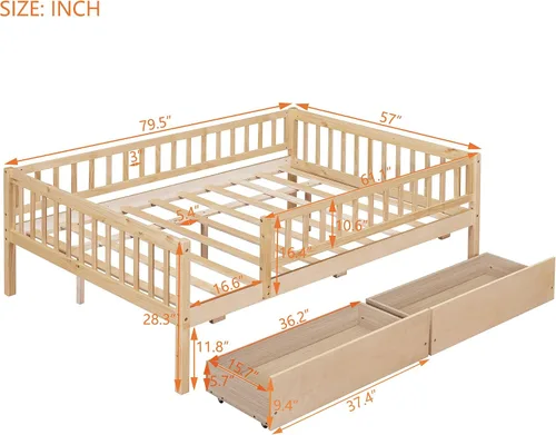 Miniatura 2 de Bellemave Estructura de cama tamaño completo con barandillas de protección y cajones de almacenamiento, camas infantiles de madera estilo Montessori