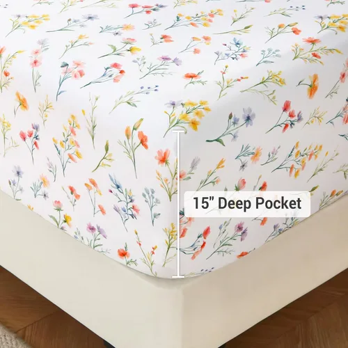 Miniatura 66 de Viviland Juego de sábanas de 3 piezas con estampado botánico de mariposas y flores rosas y moradas, sábanas de microfibra suave y transpirable