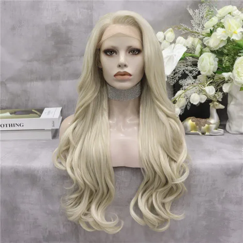 Miniatura 2 de IMSTYLE Peluca rubia con encaje frontal, pelucas de cabello sintético de onda larga para mujer, línea capilar natural, cabello rubio seguro al Rubio