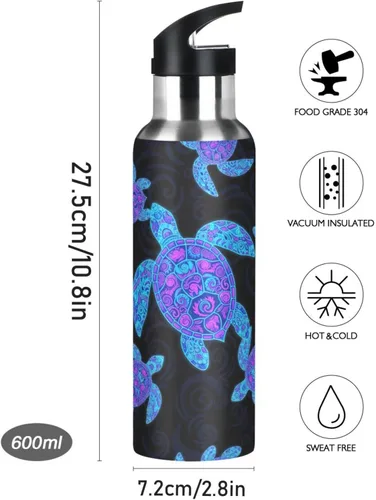 Miniatura 9 de Insulated Water Bottle 20 Oz, Leakproof Water Bottles for Gym Outdoor Travel School, Neon Sea Turtles Black